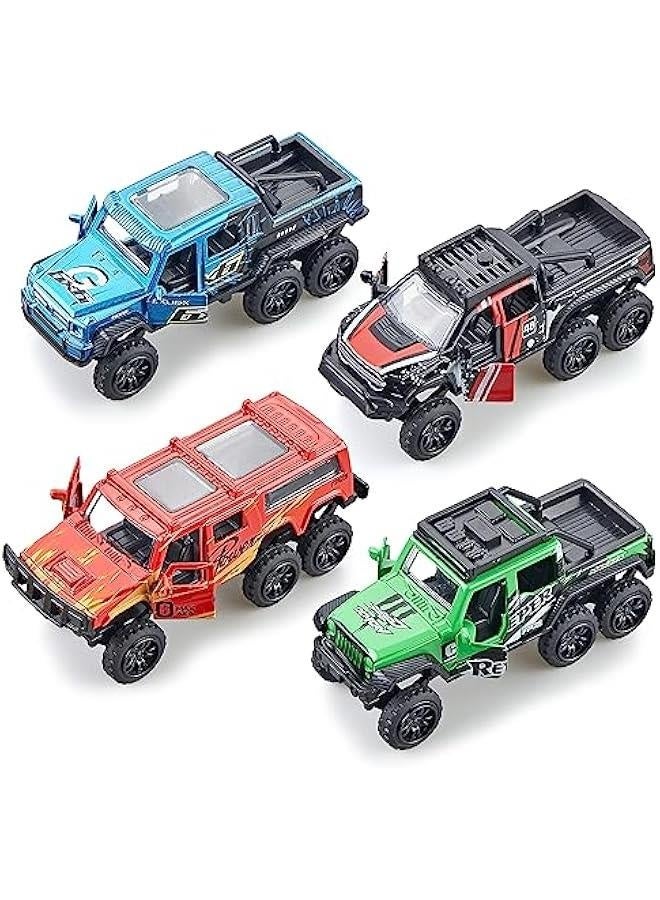 شاحنات لعب مصنوعة من المعدن مع 4 قطع سيارات سحب للأمام بأبواب قابلة للافتتاح، ألعاب سيارات طرق وعرة، هدية عيد ميلاد للأولاد والأطفال الصغار (ملونة) - Image 1