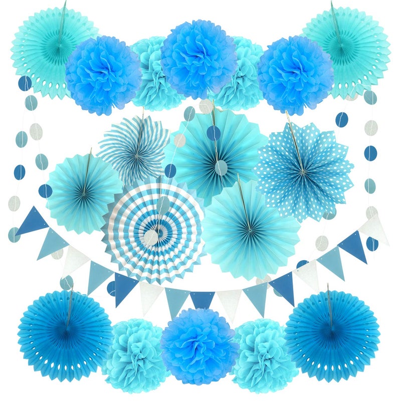 ZERODECO Party Decoration 21 Pcs Blue Hanging Paper Fans Pom Poms Flowers Garlands String Polka Dot and Triangle Bunting Flags for Boy Birthday Parties Bridal Showers Baby Showers Wedding