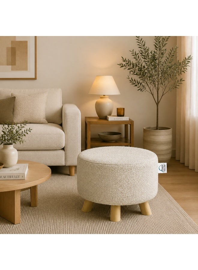 PixelsBeanBag Wide round ottoman in boucle fabric from PixelsBeanBag with wooden legs, for the living room and bedroom, vanity chair - Image 1