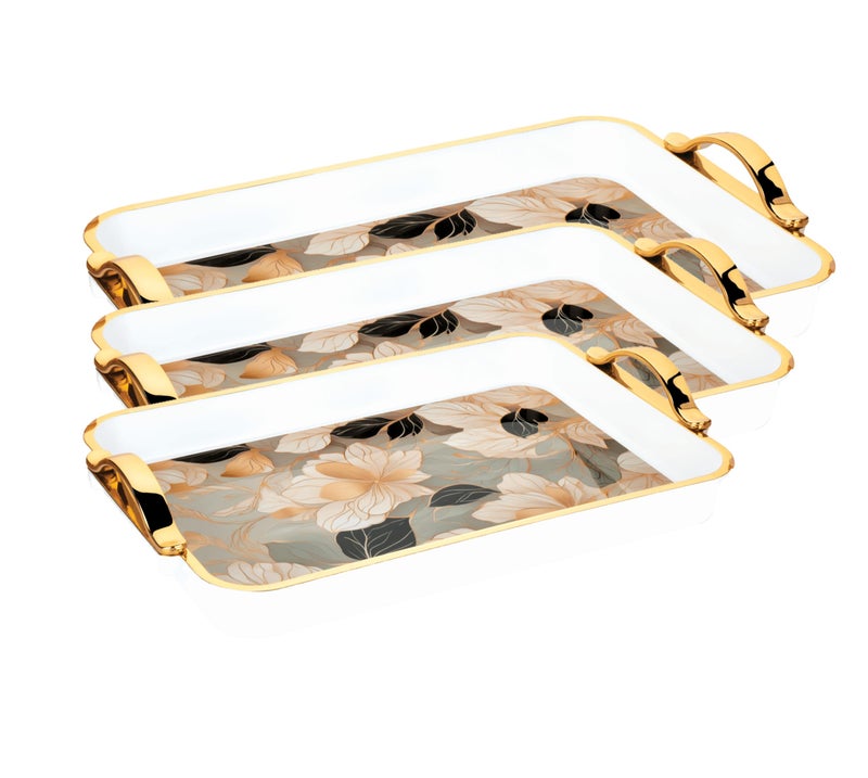 Nabhya Glamour 3pc Set Flower Printed Serving Tray Plastic Material BPA Free Tray with Handle for Tea,Coffee,Snack,Kitchen & Dining Table Home Décor (White, Small, Med & Big - Pack of 3) - Image 1