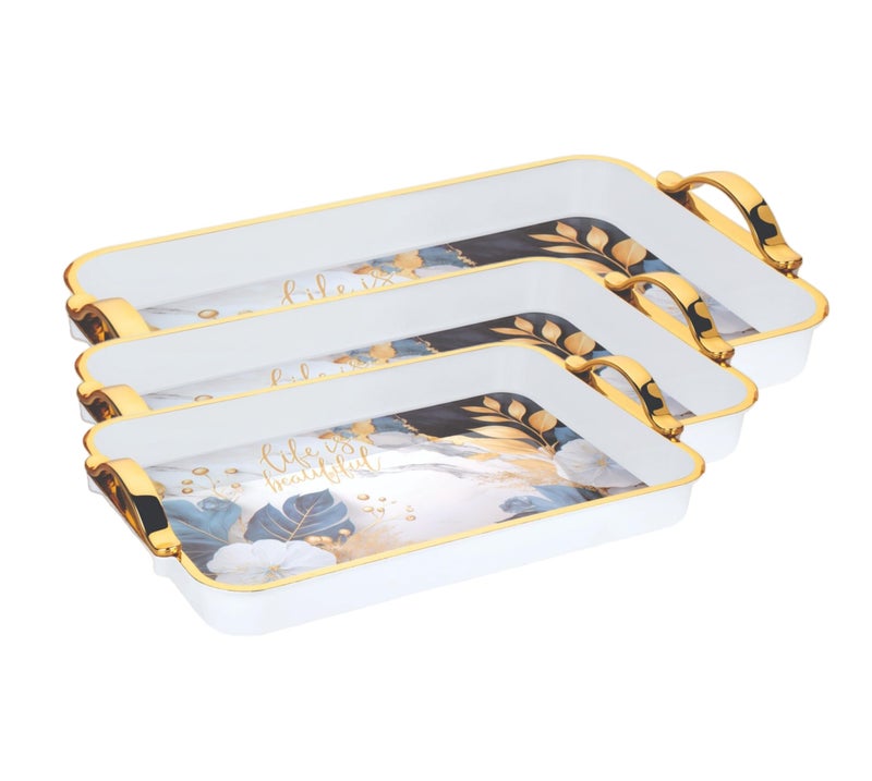 Nabhya Glamour 3pc Set Flower Printed Serving Tray Plastic Material BPA Free Tray with Handle for Tea,Coffee,Snack,Kitchen & Dining Table Home Décor (White, Small, Med & Big - Pack of 3) - Image 2