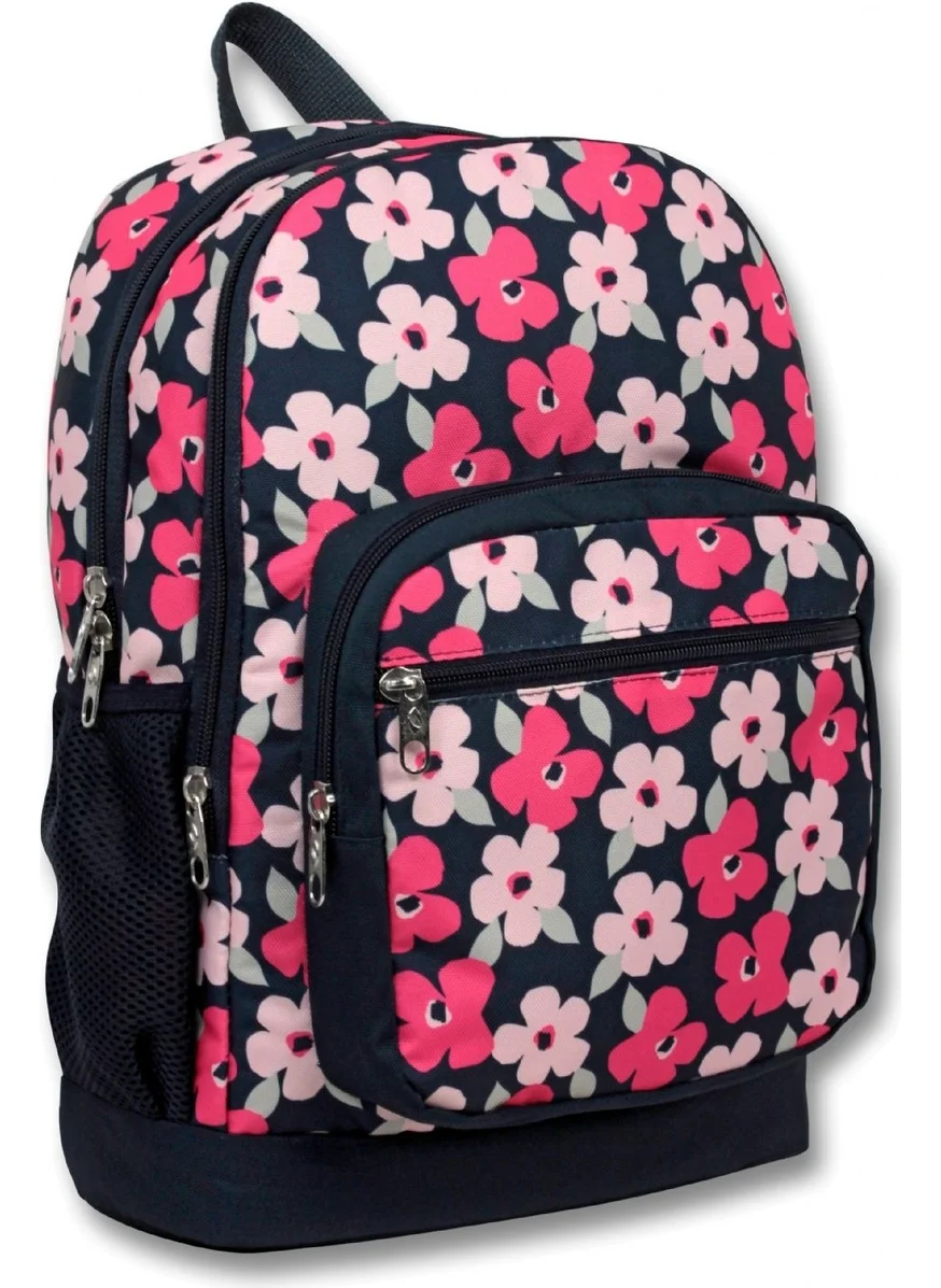 Ümit Çanta Cennec Four Compartment Black Red Flowers Primary School Backpack and Lunch Set - Girl