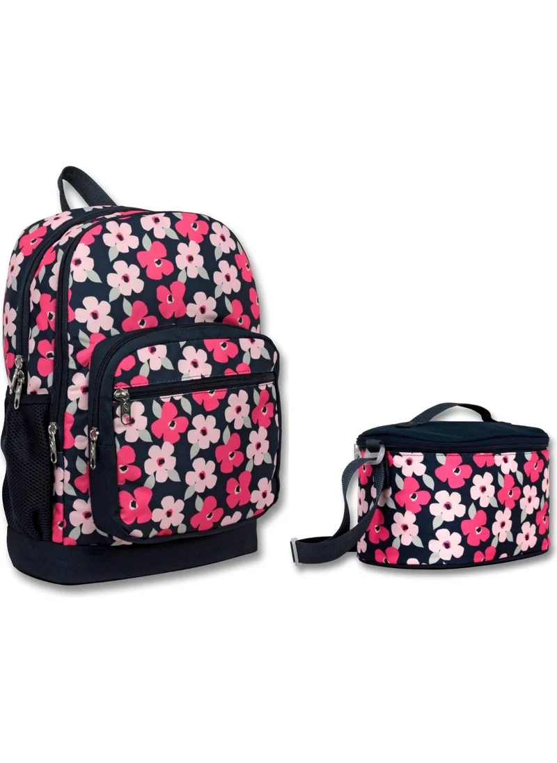 Ümit Çanta Cennec Four Compartment Black Red Flowers Primary School Backpack and Lunch Set - Girl