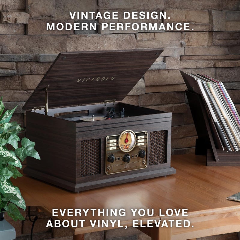 Victrola The Quincy 6-in-1 Bluetooth Record Player & Multimedia Center with Built-in Speakers â€“ 3-Speed Turntable, CD & Cassette Player, AM/FM Radio, Wireless Music Streaming (Farmhouse Oatmeal) - Image 5