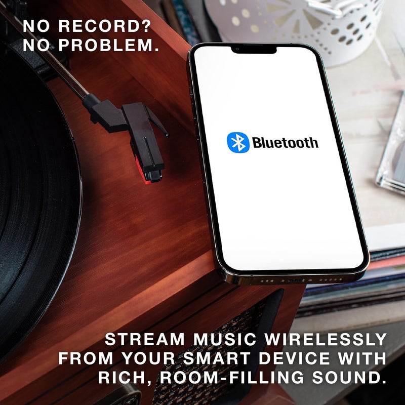 Victrola The Quincy 6-in-1 Bluetooth Record Player & Multimedia Center with Built-in Speakers â€“ 3-Speed Turntable, CD & Cassette Player, AM/FM Radio, Wireless Music Streaming (Farmhouse Oatmeal) - Image 3
