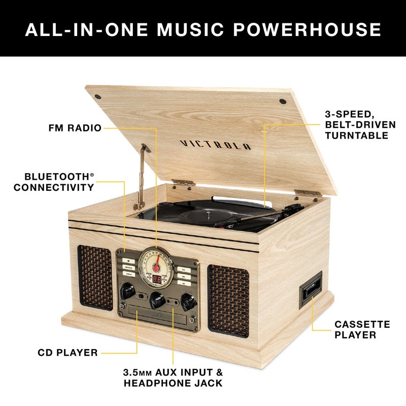 Victrola The Quincy 6-in-1 Bluetooth Record Player & Multimedia Center with Built-in Speakers â€“ 3-Speed Turntable, CD & Cassette Player, AM/FM Radio, Wireless Music Streaming (Farmhouse Oatmeal) - Image 2