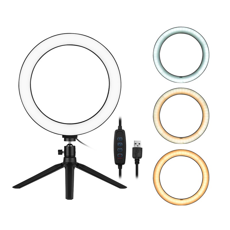 docooler 10 Inch LED Ring Light with Tripod Stand White/Warm Yellow/Warm White - Image 1