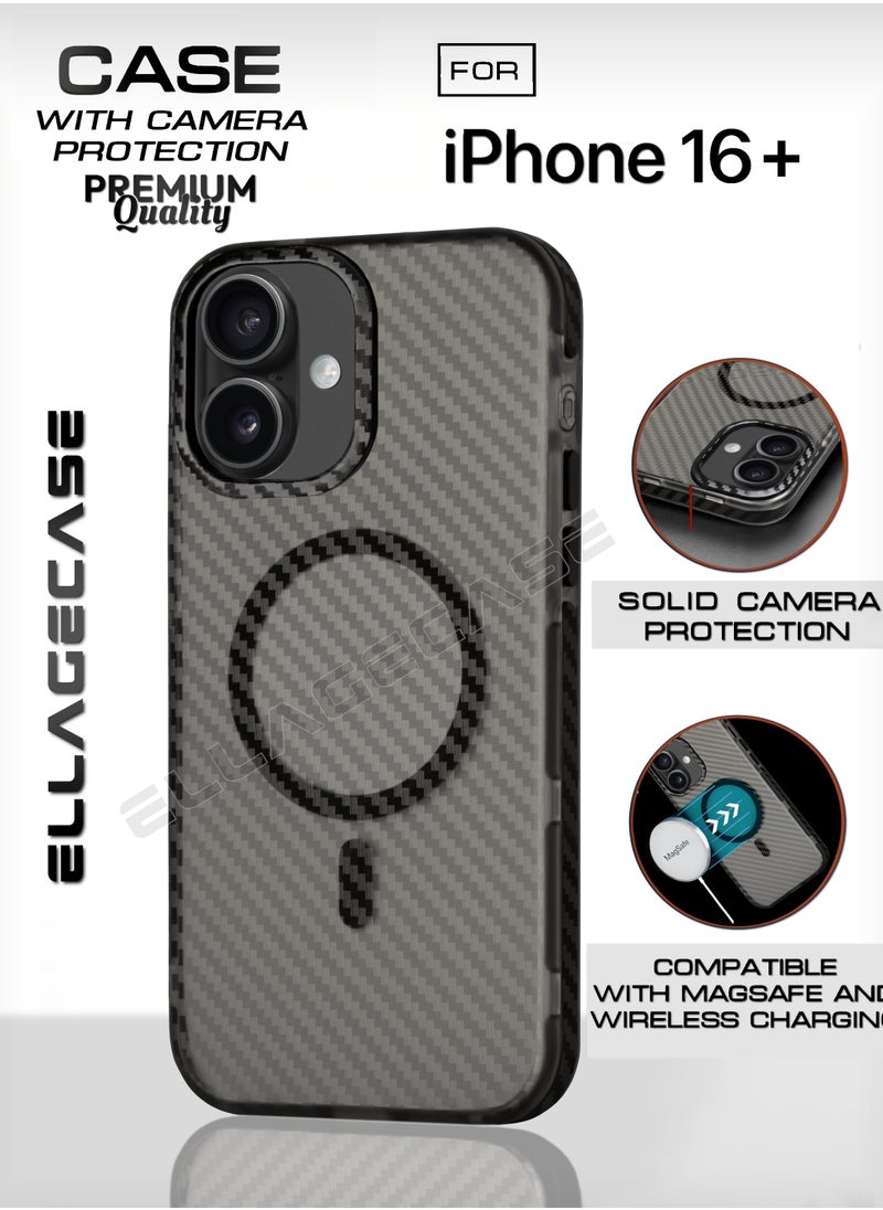 ELLAGECASE - Carbon Case for iPhone 16 Plus, Plastic-coated Carbon, Solid Camera Protection, Shockproof, Enhanced Protection, Compatible with Magsafe and Wireless Charging - Image 1
