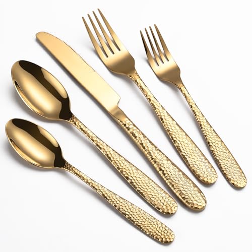 Remoxye Gold Hammered Silverware Set, 40-Piece Heavy Duty Stainless Steel Flatware Sets for 8, Food-Grade Cutlery Set for Home Restaurant, Mirror Polished, Dishwasher Safe - Image 1
