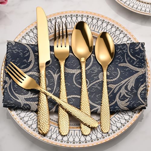 Remoxye Gold Hammered Silverware Set, 40-Piece Heavy Duty Stainless Steel Flatware Sets for 8, Food-Grade Cutlery Set for Home Restaurant, Mirror Polished, Dishwasher Safe - Image 5