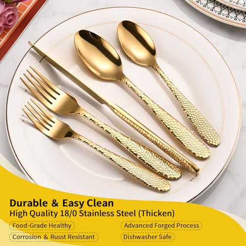 Remoxye Gold Hammered Silverware Set, 40-Piece Heavy Duty Stainless Steel Flatware Sets for 8, Food-Grade Cutlery Set for Home Restaurant, Mirror Polished, Dishwasher Safe - Image 3