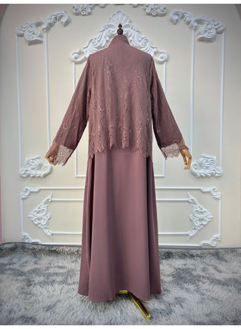 Women Dark Brown Floral Lace Panel Open Abaya, Long Sleeve Loose Maxi Outerwear - Image 5
