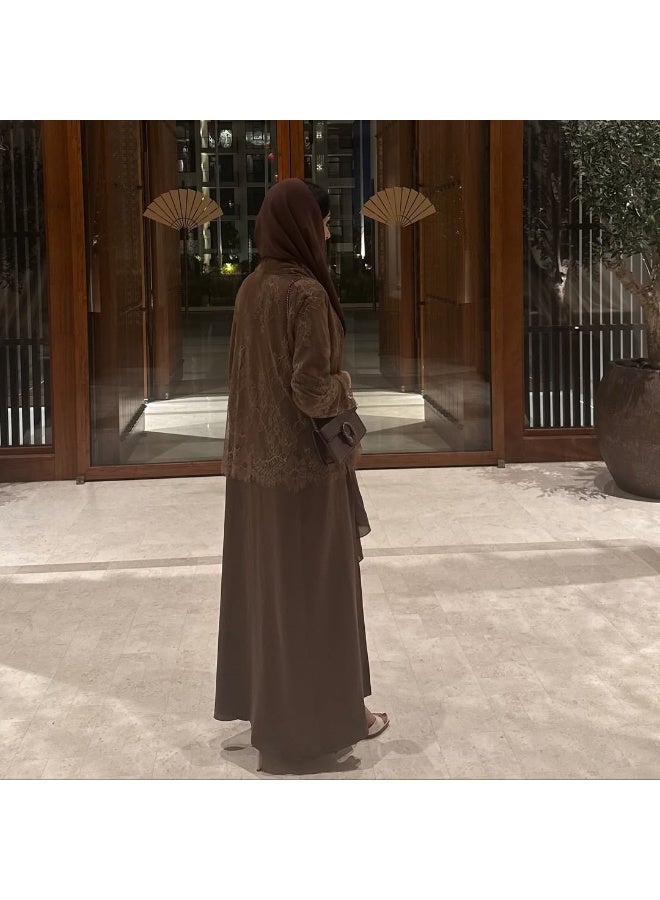 Women Dark Brown Floral Lace Panel Open Abaya, Long Sleeve Loose Maxi Outerwear - Image 2
