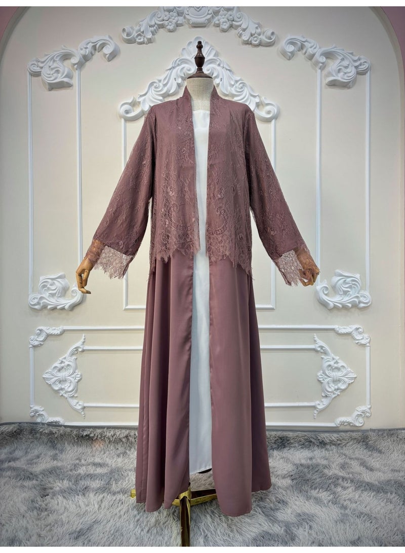 Women Dark Brown Floral Lace Panel Open Abaya, Long Sleeve Loose Maxi Outerwear - Image 4