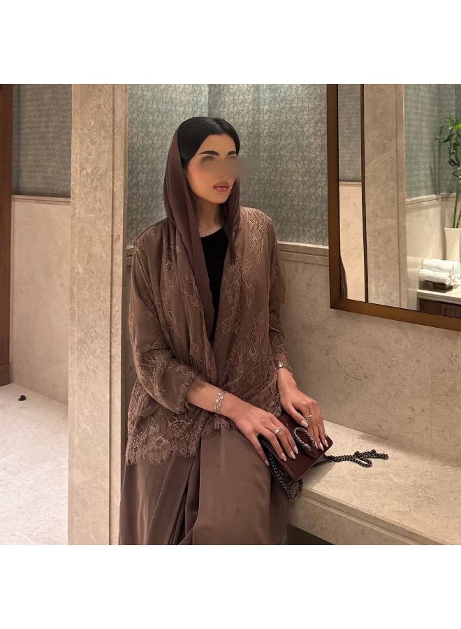 Women Dark Brown Floral Lace Panel Open Abaya, Long Sleeve Loose Maxi Outerwear - Image 3