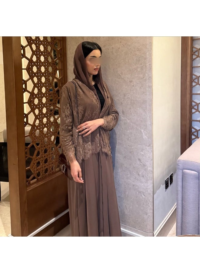 Women Dark Brown Floral Lace Panel Open Abaya, Long Sleeve Loose Maxi Outerwear - Image 1