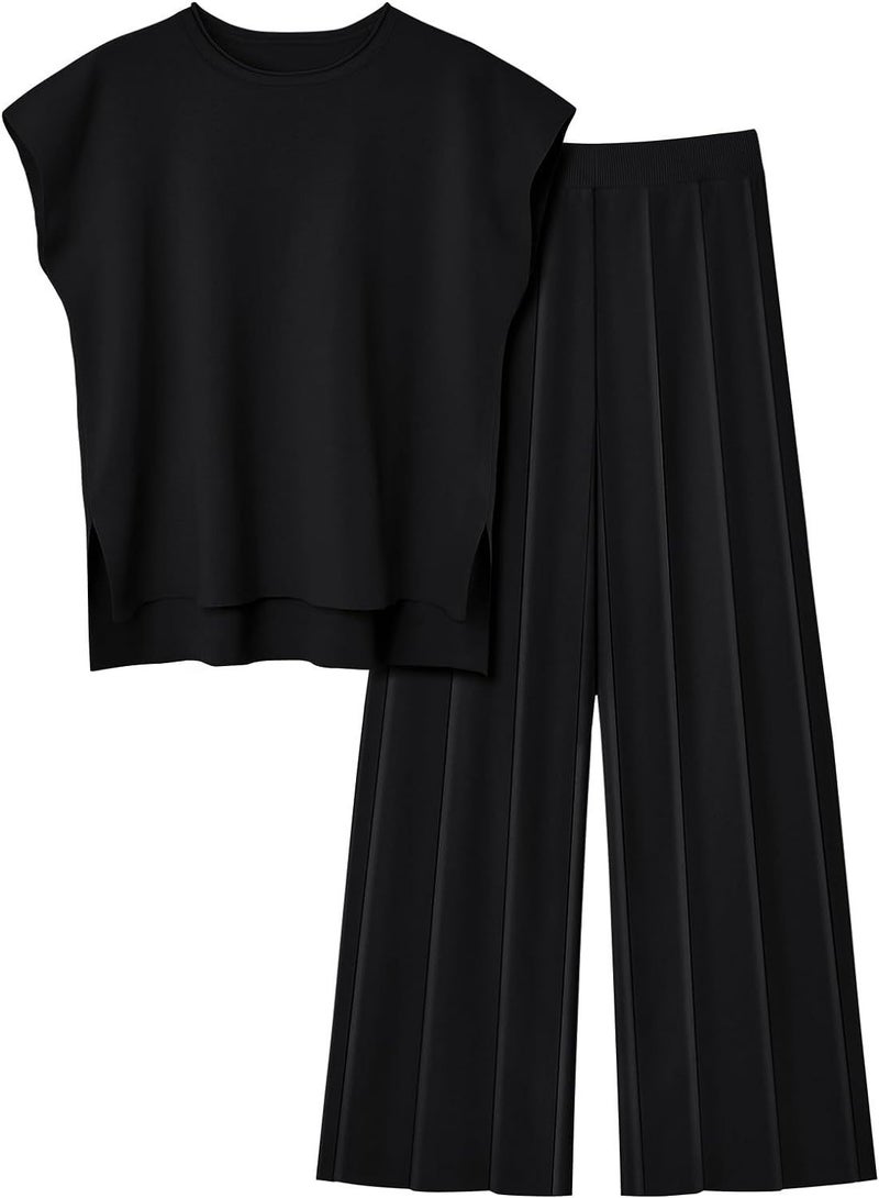 Womens Knit Vest and Wide-leg Pants Set Dark blue - Image 2