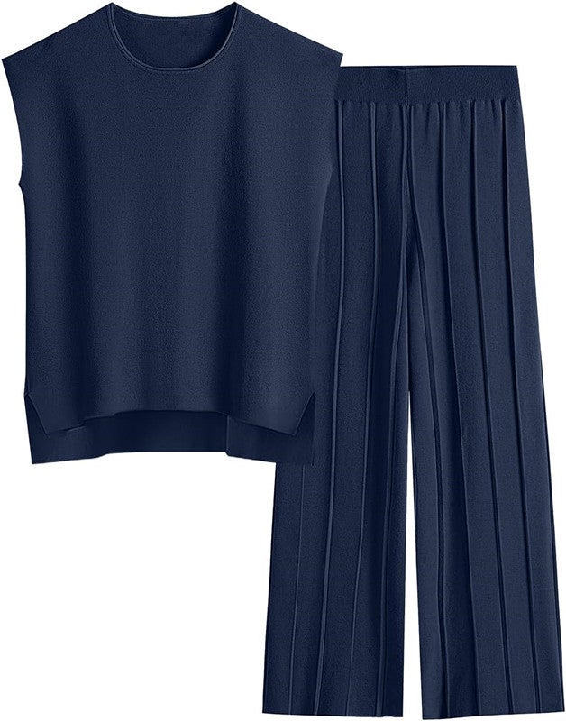 Womens Knit Vest and Wide-leg Pants Set Dark blue - Image 1