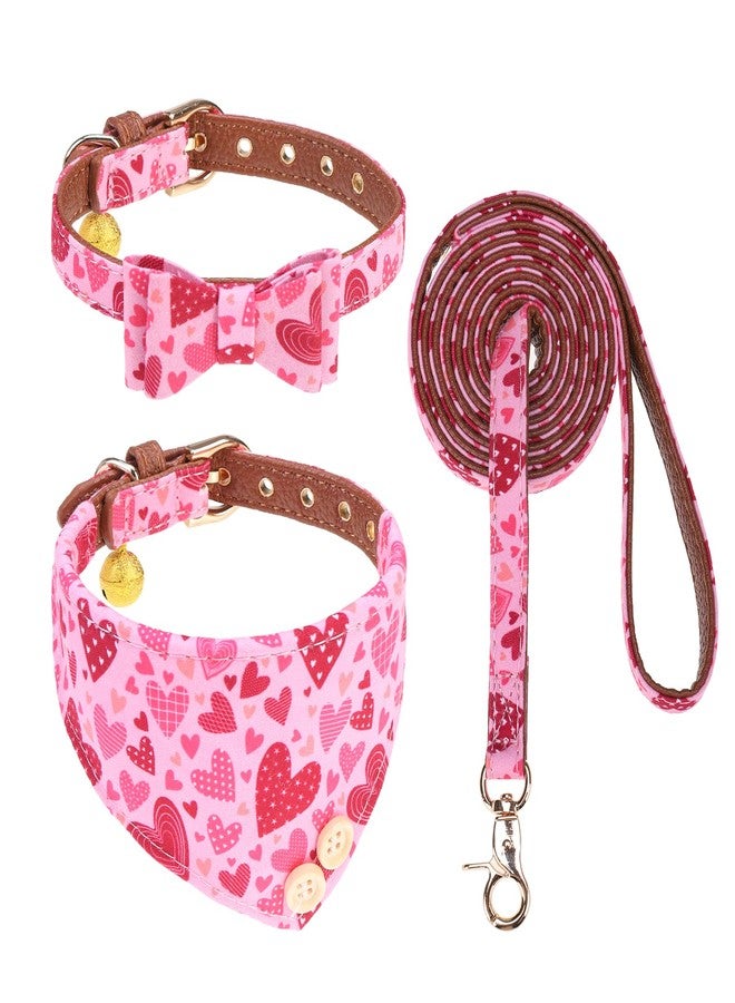 KOOLTAIL Cute Small Dog Collar and Leash Set with Bowtie and Bells,Puppy Bandana Collar and Leash for Girls with Pink Heart Pattern,Soft Leather Tangle Free Leashes for Small Dogs,Cats - Image 1