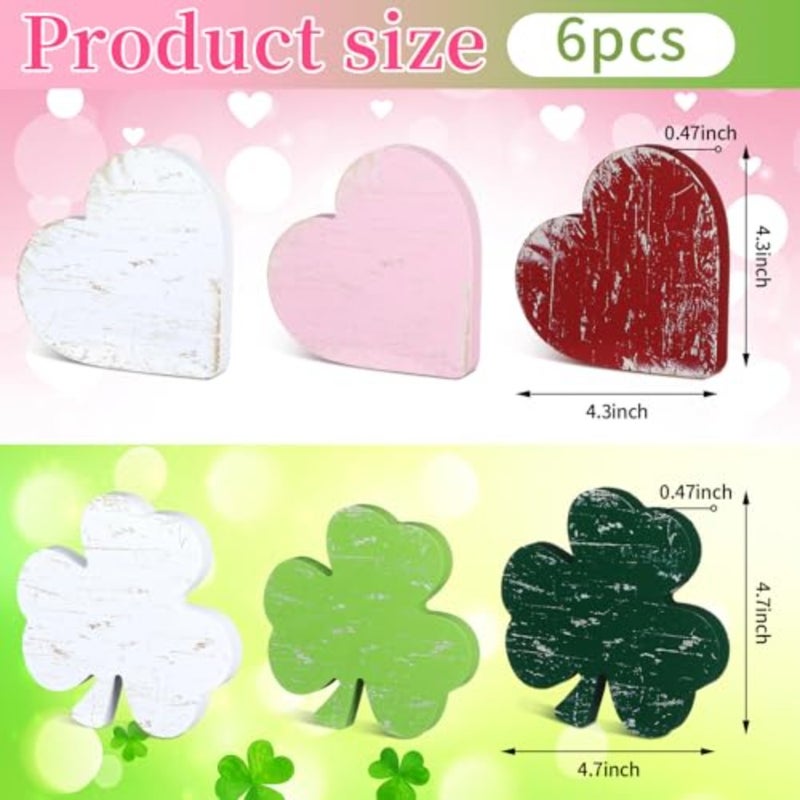 6 Pcs Large St. Patrick's Day Decorations Shamrock Table Decor Valentine's Day Hearts Shaped Wooden Signs Vintage Irish Shamrock Blocks for Home Office Tierd Tray Decor Tabletop Centerpiece - Image 2