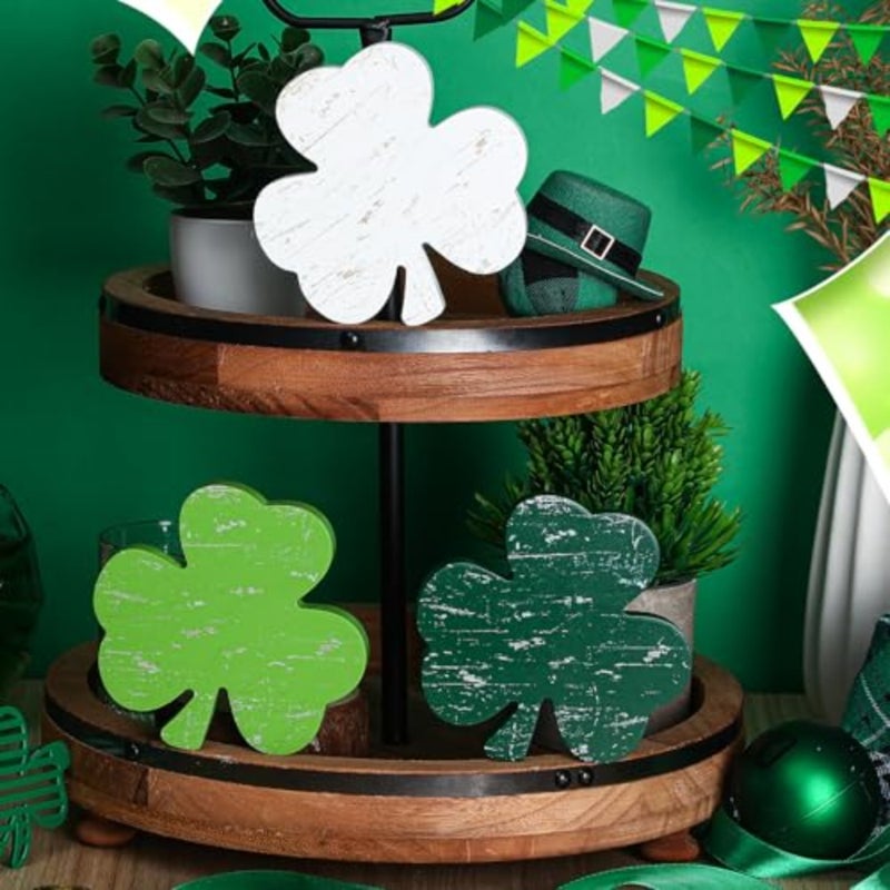 6 Pcs Large St. Patrick's Day Decorations Shamrock Table Decor Valentine's Day Hearts Shaped Wooden Signs Vintage Irish Shamrock Blocks for Home Office Tierd Tray Decor Tabletop Centerpiece - Image 5