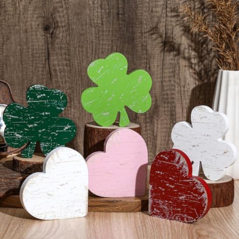 6 Pcs Large St. Patrick's Day Decorations Shamrock Table Decor Valentine's Day Hearts Shaped Wooden Signs Vintage Irish Shamrock Blocks for Home Office Tierd Tray Decor Tabletop Centerpiece - Image 1