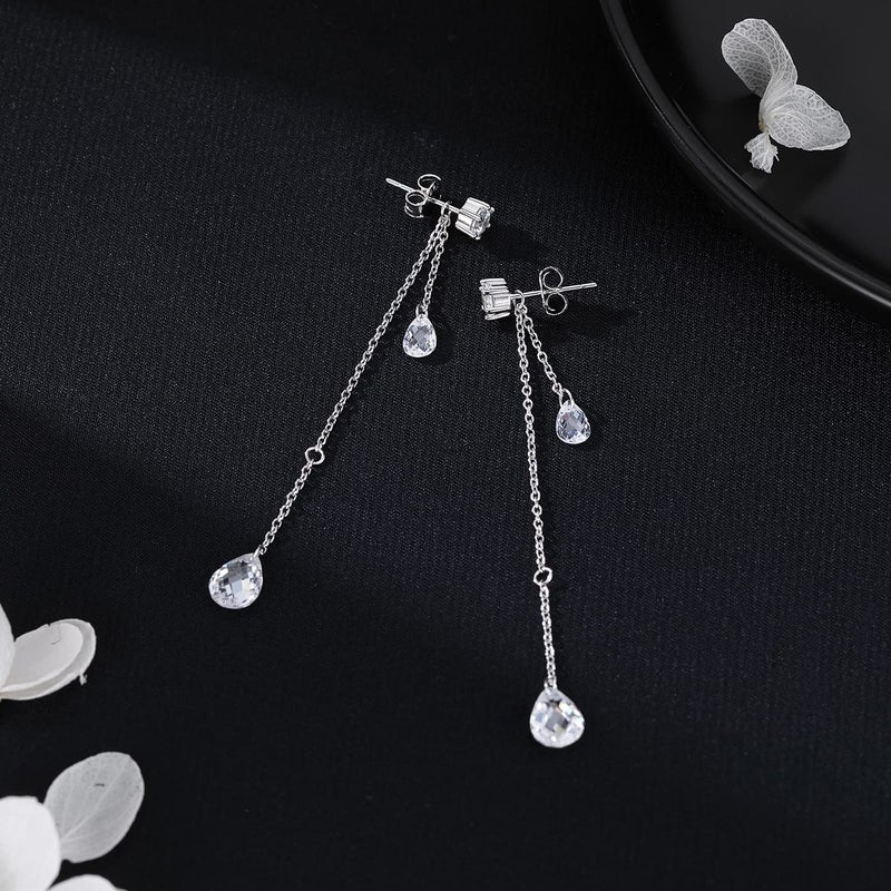SLUYNZ Solid 925 Sterling Silver CZ Droplet Dangle Earrings Chain for Women Teen Girls Teardrop Dangling Earrings Tassel Sparkling CZ Studs Chain (A-Sterling Silver) - Image 3