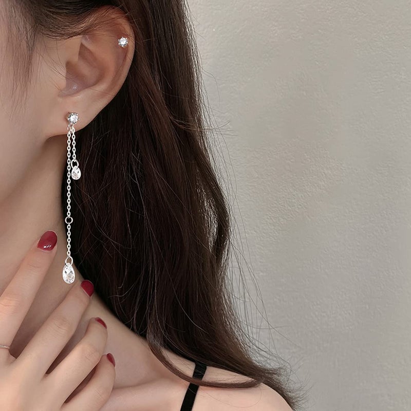 SLUYNZ Solid 925 Sterling Silver CZ Droplet Dangle Earrings Chain for Women Teen Girls Teardrop Dangling Earrings Tassel Sparkling CZ Studs Chain (A-Sterling Silver) - Image 5