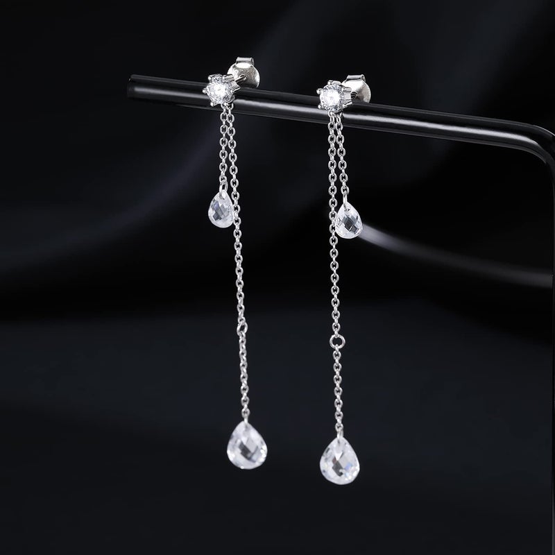 SLUYNZ Solid 925 Sterling Silver CZ Droplet Dangle Earrings Chain for Women Teen Girls Teardrop Dangling Earrings Tassel Sparkling CZ Studs Chain (A-Sterling Silver) - Image 4