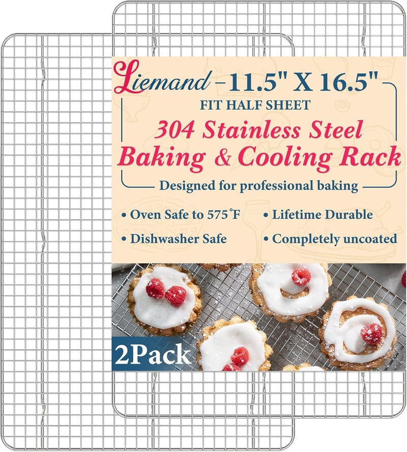 LIEMAND Cooling Racks for Cooking and Baking - 11.5"x16.5" Oven Safe Premium Stainless Steel Heavy Duty Baking Rack Tight-Wire, Fits Half Sheet Pan for Roasting & Grilling & Cooking - Set of 2 - Image 1