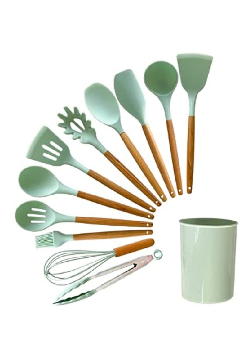 Raxoom Silicone Cooking Kitchen 11PCS Wooden Utensils Tool for Nonstick Cookware,Cooking Utensils Set with Bamboo Wood Handles for Nonstick Cookware，Non Toxic Turner Tongs Spatula Spoon Set - Image 1