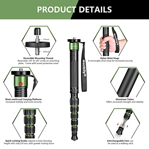 Manbily Camera Monopod Aluminum Portable Compact Lightweight Travel Monopod with Carrying Bag Walking Stick Handle,for DSLR Canon Nikon Sony Video Camcorder (Aluminum, Green&Black) - Image 4