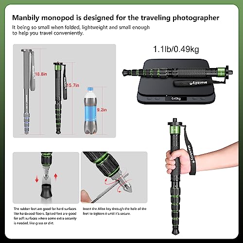 Manbily Camera Monopod Aluminum Portable Compact Lightweight Travel Monopod with Carrying Bag Walking Stick Handle,for DSLR Canon Nikon Sony Video Camcorder (Aluminum, Green&Black) - Image 3