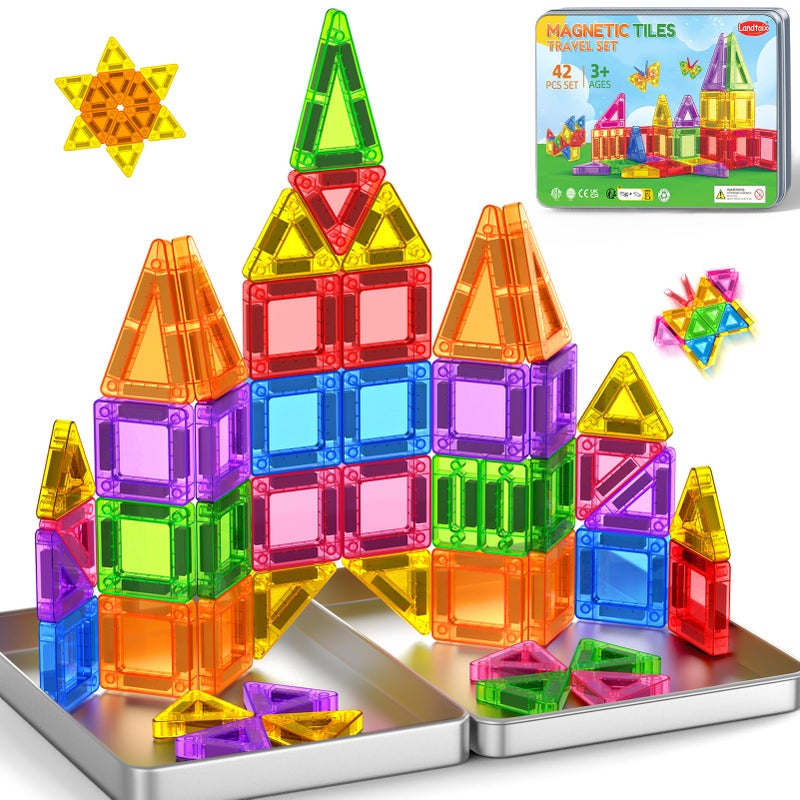 Landtaix Mini Magnetic Tiles Travel Magnetic Tiles with Iron Box42PCS Magnet Building Block Set Travel Toys for Kids Ages 3Educational Portable Magnet Toys Gifts for Toddlers Boys Girls Christmas Birthday - Image 2
