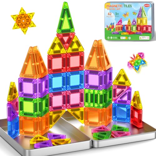 Landtaix Mini Magnetic Tiles Travel Magnetic Tiles with Iron Box42PCS Magnet Building Block Set Travel Toys for Kids Ages 3Educational Portable Magnet Toys Gifts for Toddlers Boys Girls Christmas Birthday - Image 1