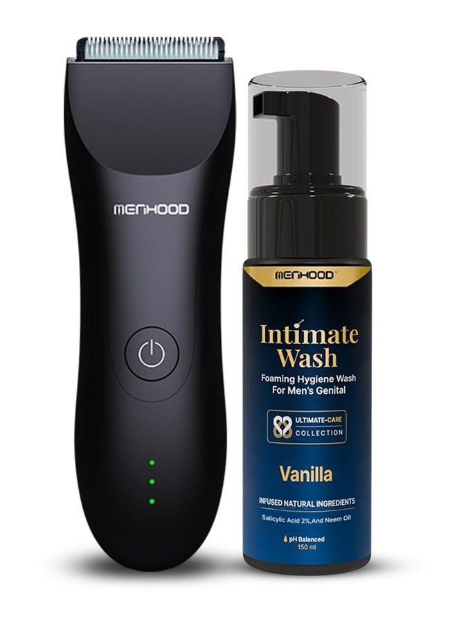 مينهود ماكينة حلاقة رجالية لاسلكية مقاومة للماء 1.0 مع غسول للمناطق الحساسة 150 مل | مجموعة عناية كاملة للرجال | ماكينة تشذيب للجسم واللحية تعمل لمدة 150 دقيقة | ماكينة حلاقة كهربائية قابلة للشحن | غسول رغوي بزيت شجرة الشاي والنيم | مضاد للفطريات، متوازن الحموضة، يُضفي إشراقة على البشرة ويمنحها انتعاشًا يدوم طويلًا - Image 1