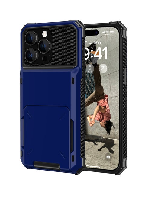 Full Protection Shockproof Case Casing Card Holder Case Dual Layer Hard Case For iPhone 15 Pro Max Blue