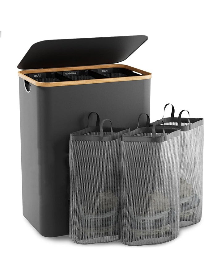 Laundry Basket with Lid  3 Section Extra Large Laundry Hamper  Divided Laundry Hamper with Removable Bags  for Bathroom, Bedroom(Grey 140L  3 Section)