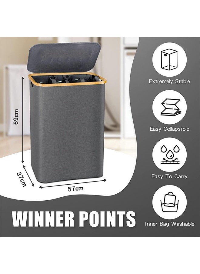 Laundry Basket with Lid  3 Section Extra Large Laundry Hamper  Divided Laundry Hamper with Removable Bags  for Bathroom, Bedroom(Grey 140L  3 Section)