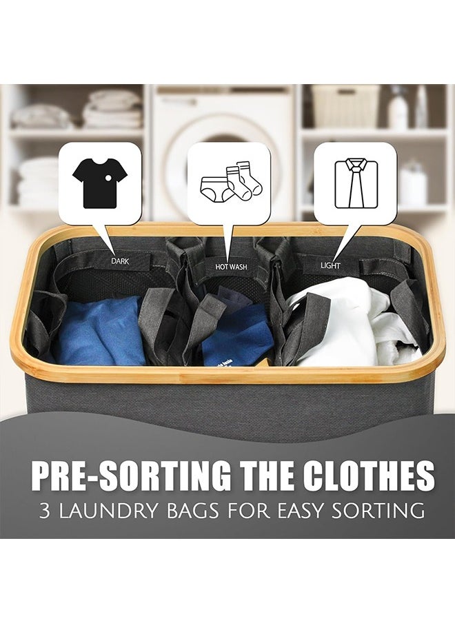 Laundry Basket with Lid  3 Section Extra Large Laundry Hamper  Divided Laundry Hamper with Removable Bags  for Bathroom, Bedroom(Grey 140L  3 Section)