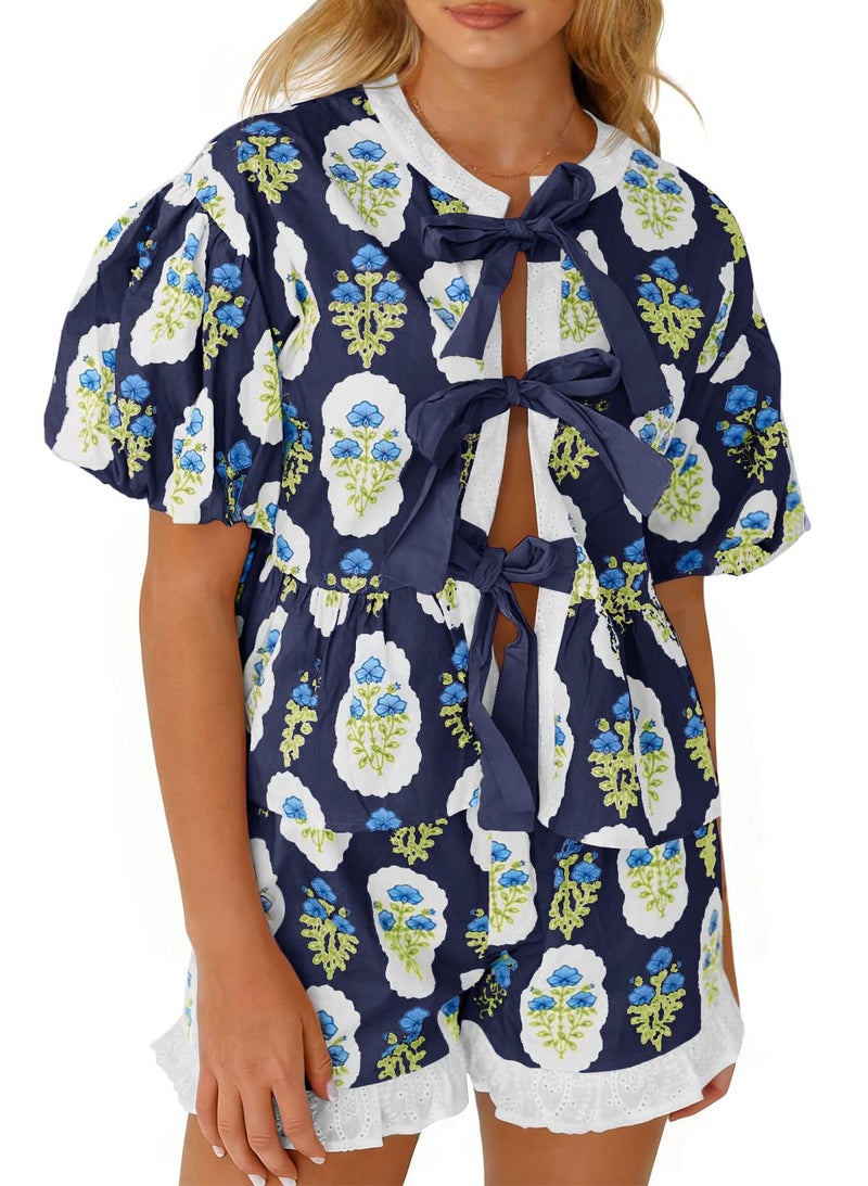 Aoysky Womens Floral 2 Piece Short Sets Summer Vacation Outfits Puff Sleeve Babydoll Blouse Ruffle Shorts Matching Set - Image 1