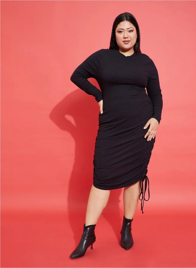 Curve Plus Size Black Cotton Sheath Midi Dress for Women
