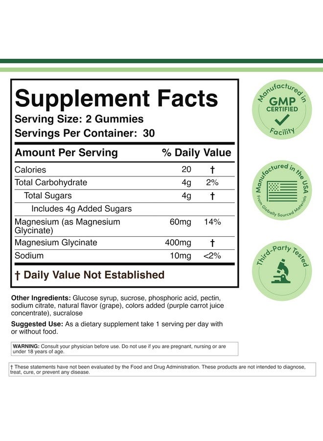 Double Wood Supplements جواهر المغنيسيوم جليسينات (400 ملغ لكل حصة، 30 يوم إمداد، بنكهة العنب) مكمل مغنيسيوم عالي الامتصاص للبالغين أو الأطفال من دابل وود سوبليمنتس - Image 2