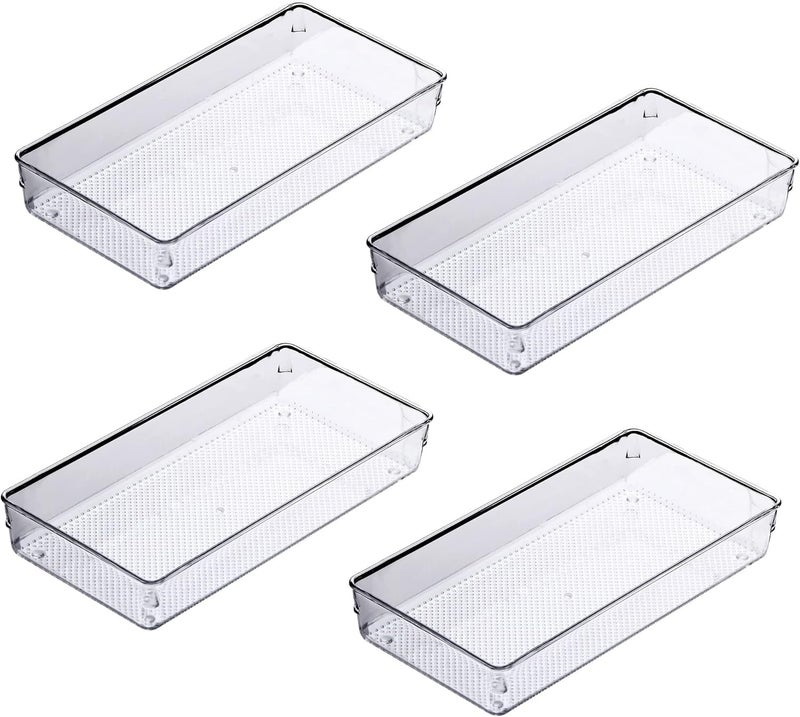 Snazzy 4Pack Clear Plastic Desk Drawer Dividers Drawer OrganizerTray For Makeup Kitchen UtensilsfridgeJewelries And Gadgets 9x6 - Image 1