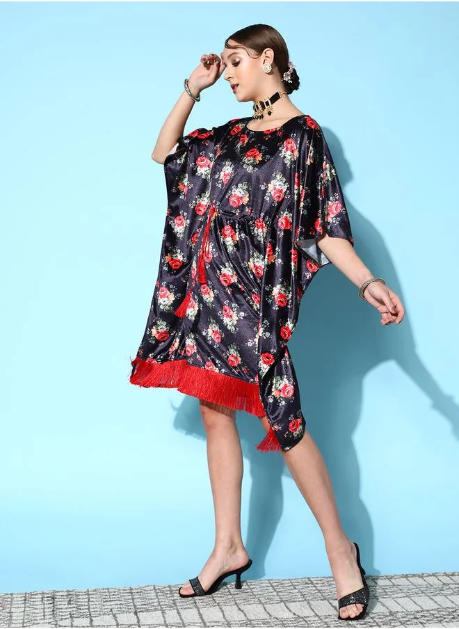 SASSAFRAS Velvet Floral Print Drawstring Waistband Kaftan Midi Dress