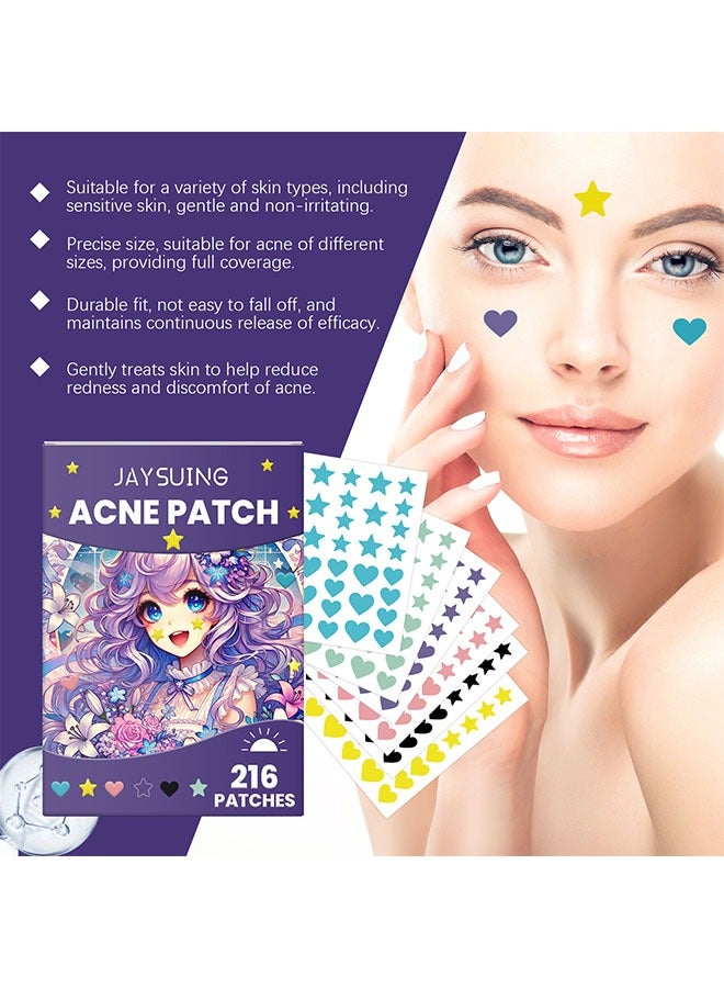 جايسوينغ Acne Patch 216 قطعة ، بقع حب الشباب الغروانية المائية للوجه ، نجمة ملونة وشكل حب ملصق بقعة بثرة مع حمض الهيالورونيك ، زيت شجرة الشاي وزيت كينتيللا لتغطية الحبات والعيوب - Image 2