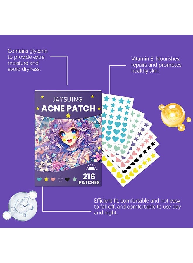 جايسوينغ Acne Patch 216 قطعة ، بقع حب الشباب الغروانية المائية للوجه ، نجمة ملونة وشكل حب ملصق بقعة بثرة مع حمض الهيالورونيك ، زيت شجرة الشاي وزيت كينتيللا لتغطية الحبات والعيوب - Image 5
