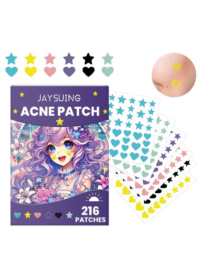 جايسوينغ Acne Patch 216 قطعة ، بقع حب الشباب الغروانية المائية للوجه ، نجمة ملونة وشكل حب ملصق بقعة بثرة مع حمض الهيالورونيك ، زيت شجرة الشاي وزيت كينتيللا لتغطية الحبات والعيوب - Image 1