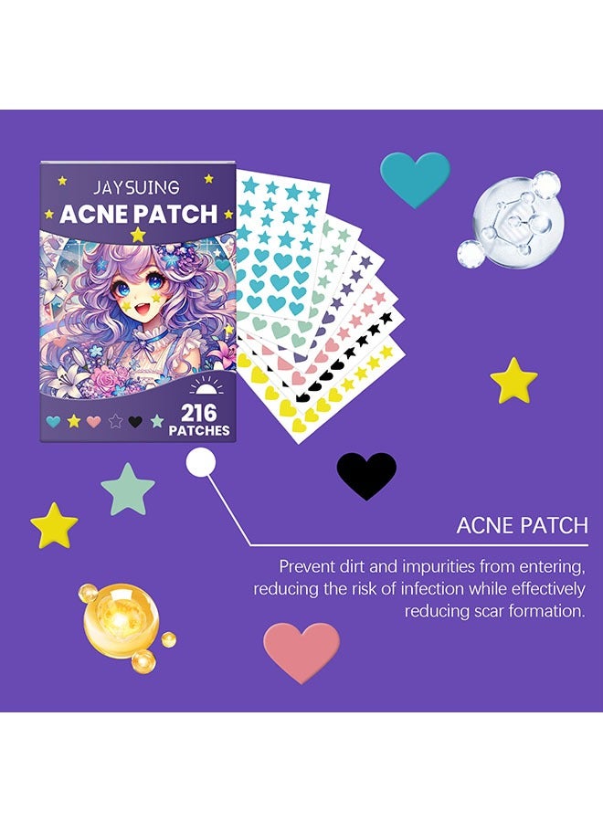 جايسوينغ Acne Patch 216 قطعة ، بقع حب الشباب الغروانية المائية للوجه ، نجمة ملونة وشكل حب ملصق بقعة بثرة مع حمض الهيالورونيك ، زيت شجرة الشاي وزيت كينتيللا لتغطية الحبات والعيوب - Image 4