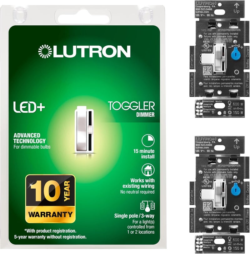 LUTRON Toggler LED+ Dimmer Switch for Dimmable LED, Halogen and Incandescent Bulbs, 150 Watt, Single-Pole or 3-Way, TGCL-153PH-2-WH, White, 2 Pack - Image 1